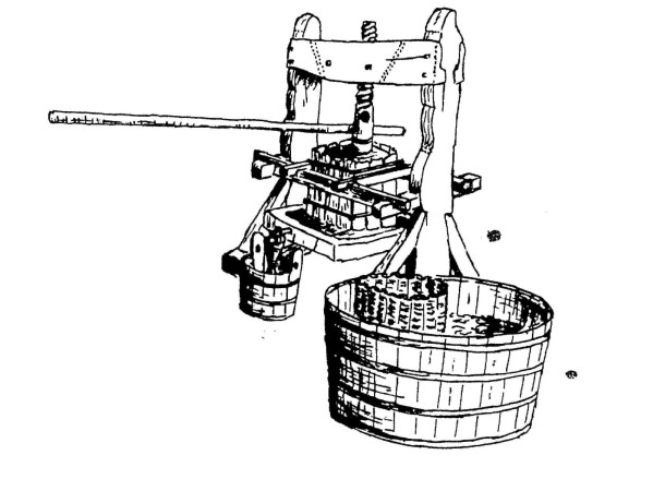 Stange, mit der die Spindel der Spindelpresse gedreht wird, im  Vordergrund &quot;Bodding&quot; mit &quot;Setzkore&quot; 