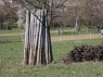 Pfähle aus Holz, re. davon ein Haufen mit ausgehauenen Reben  